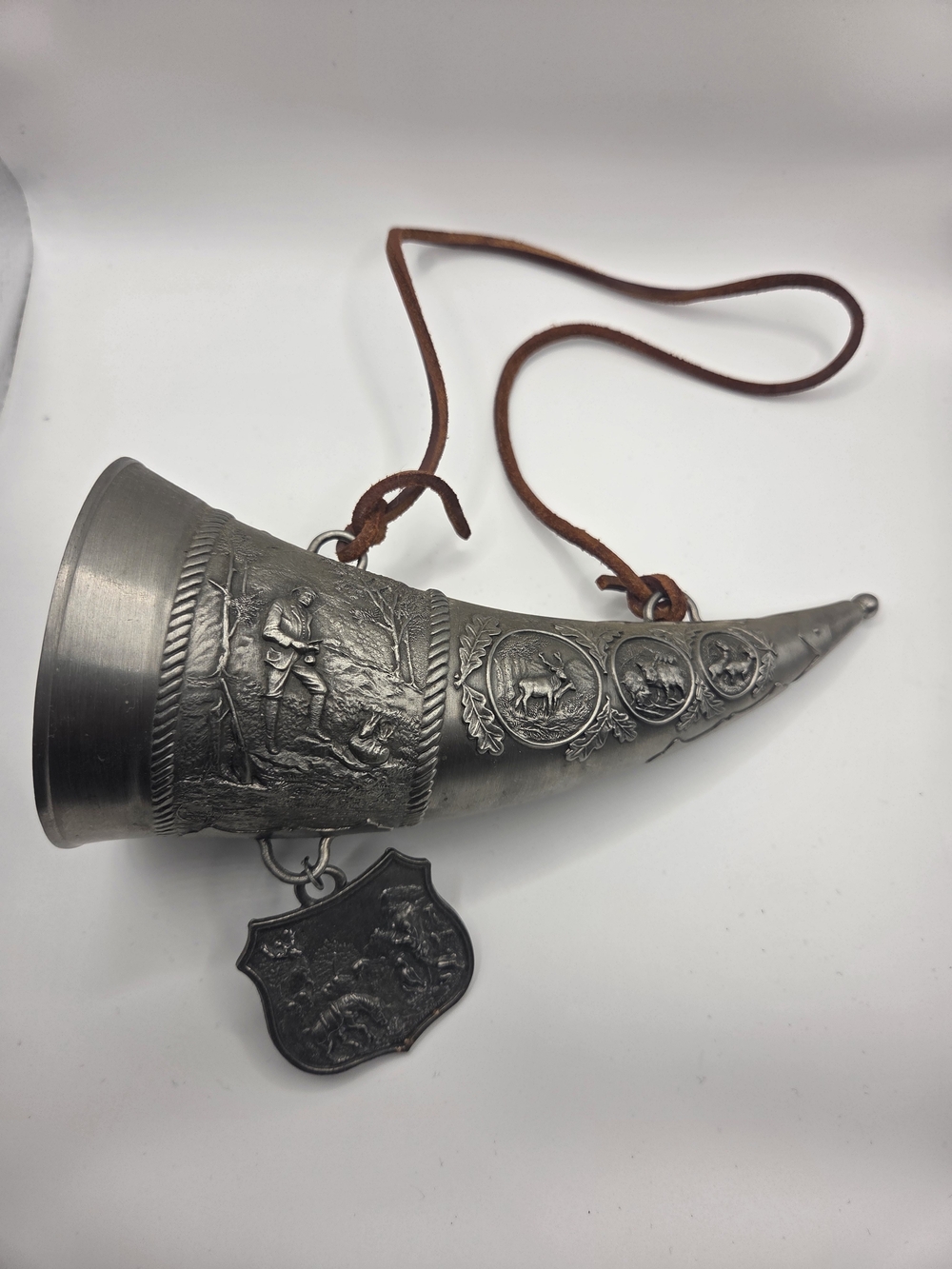 Vintage SKS Zinn Pewter Hunting Horn Drinking Vessel with Leather Strap